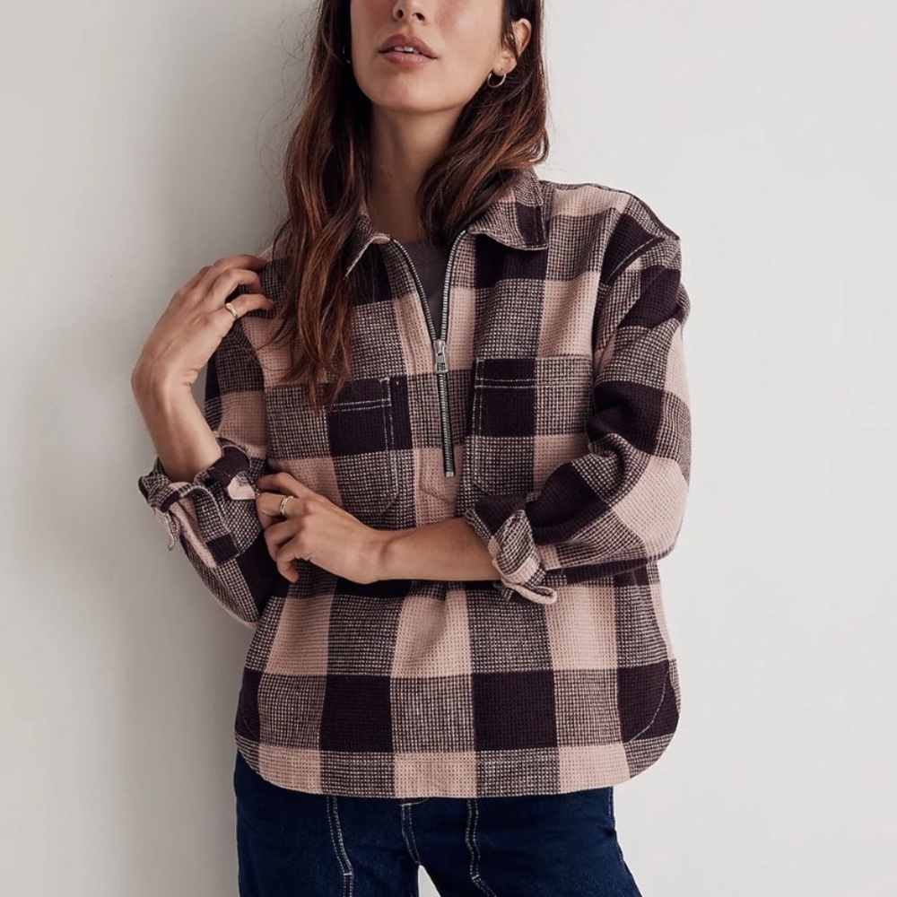 Madewell Waffle Half Zip Popover Shirt Plaid Cranberry Wine/Blush Pink XS